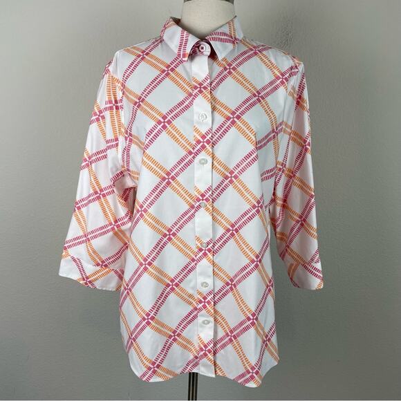 Chico's White Pink Orange Print No Iron Stretch Button Down Shirt 3 - Picture 2 of 10